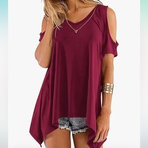 Women's Cold Shoulder V-neck top, burgundy size Large